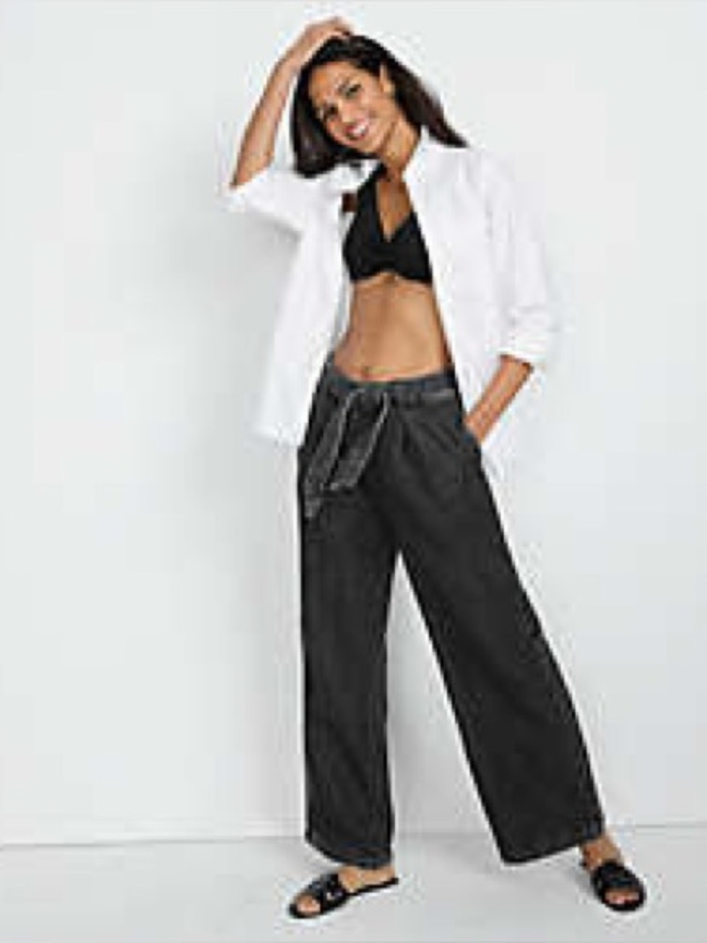Lands End Wide Leg Tie-Waist Jeans in Black